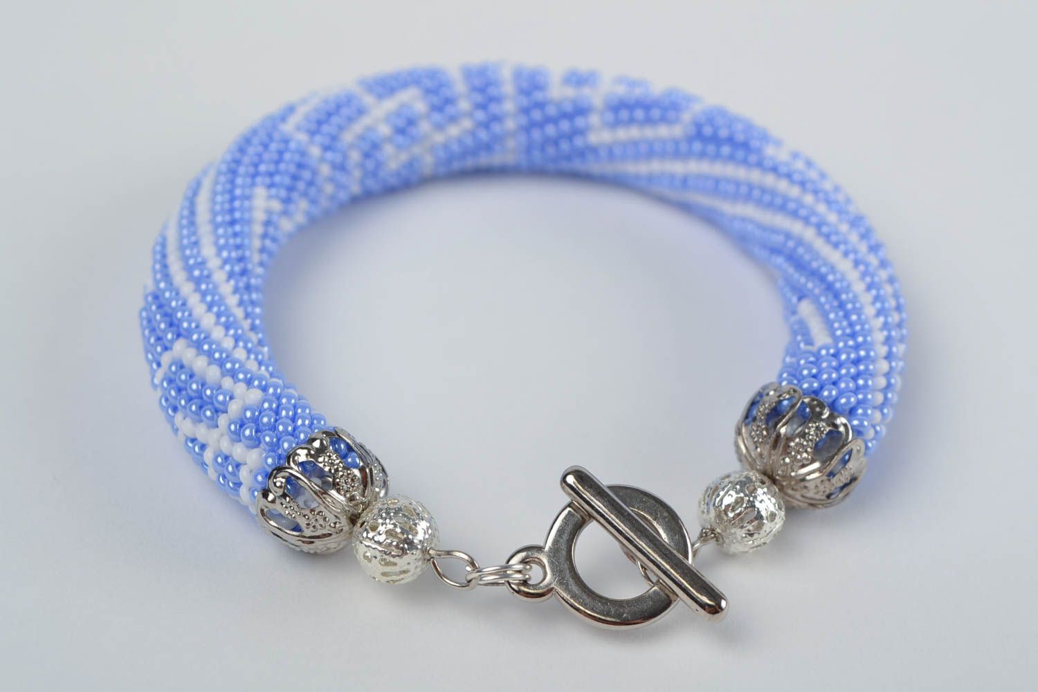 Designer handmade corded beaded beautiful bracelet in blue shades photo 5