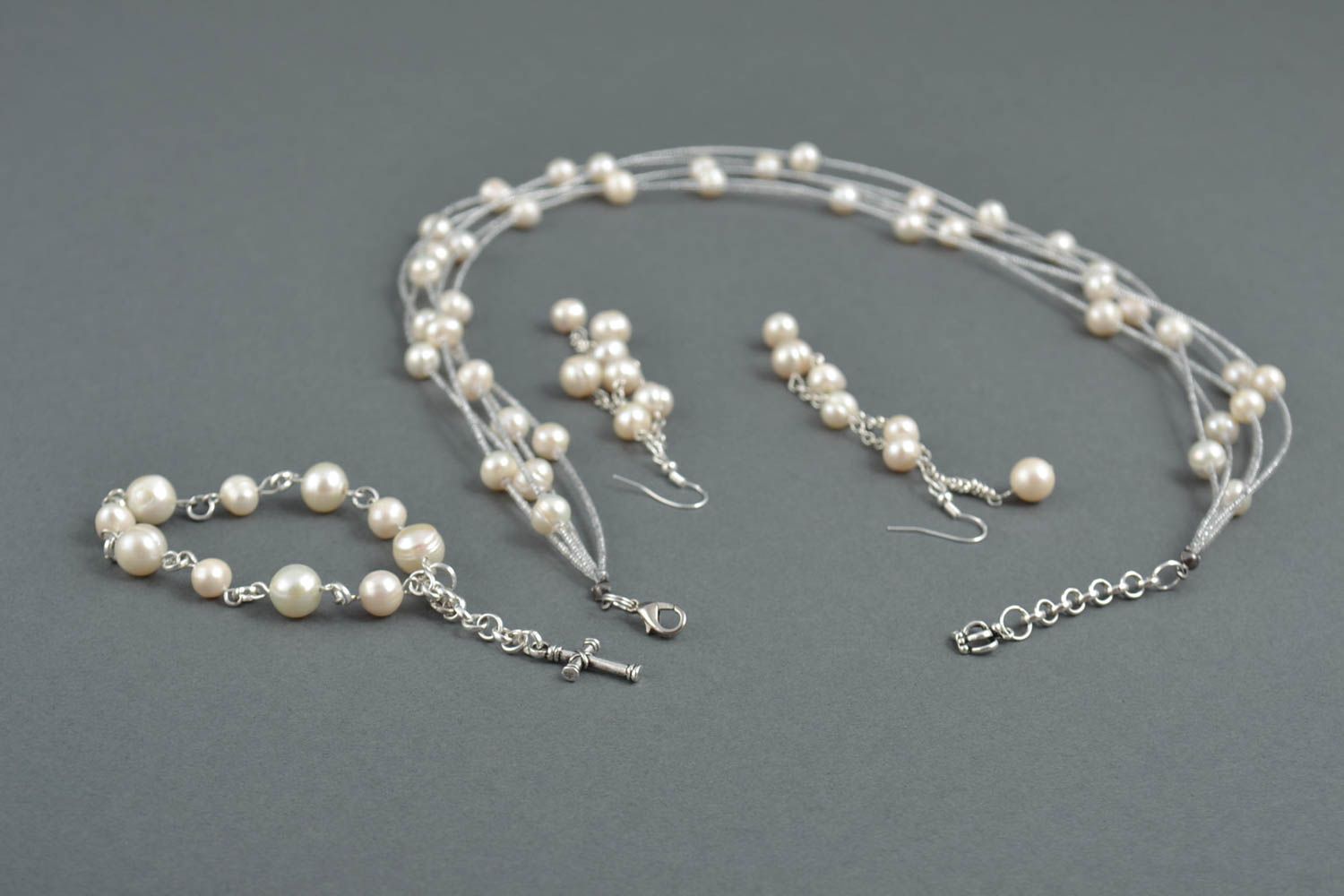 Handmade jewelry set beaded necklace dangling earrings pearl bracelet  photo 5