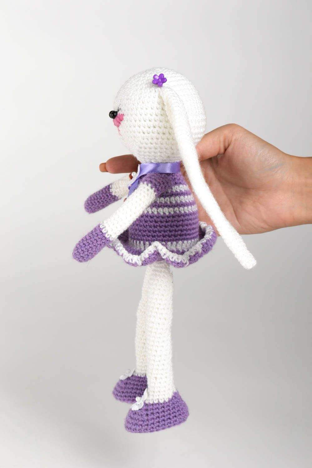 Doudou lapin blanc Jouet tricot fait main mi-laine demi-acrylique Cadeau enfant photo 2