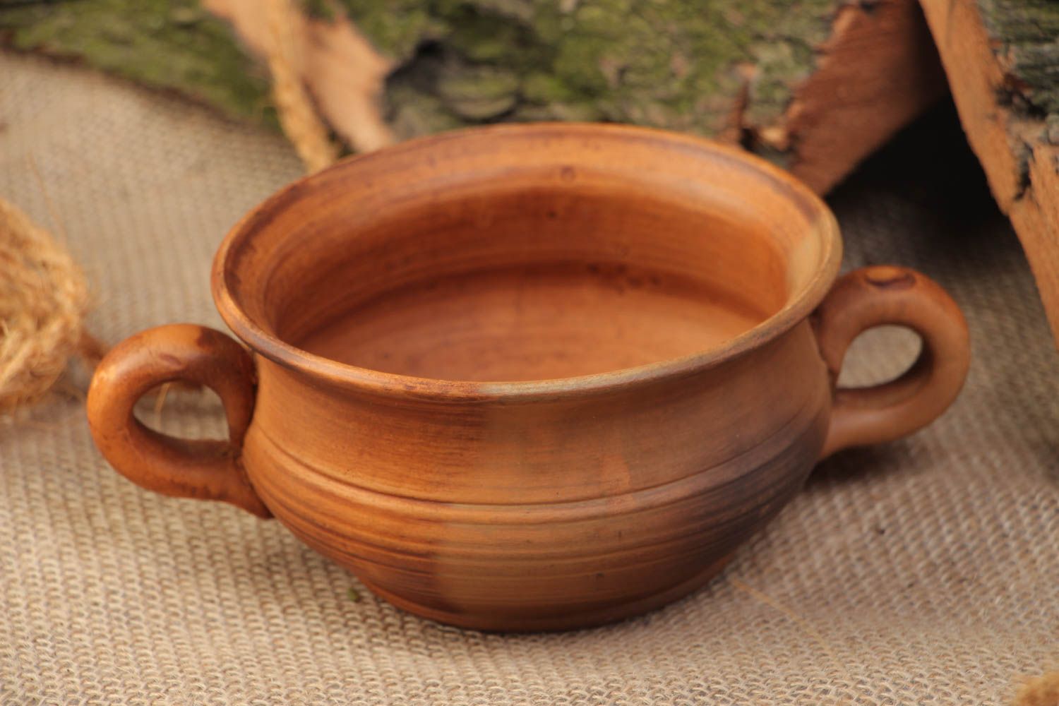 Homemade ethnic ceramic soup bowl with handles kilned with the use of milk 250 ml photo 1