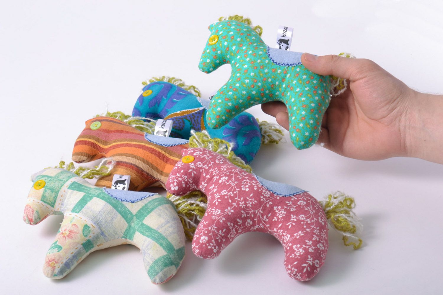 Set of 5 handmade colorful soft toys sewn of fabric Horses for kids and interior photo 5