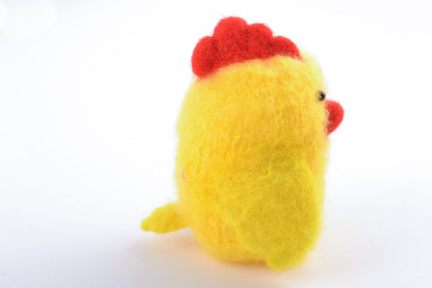 Tiny yellow handmade crochet toy chicken with felted wool tuft photo 3
