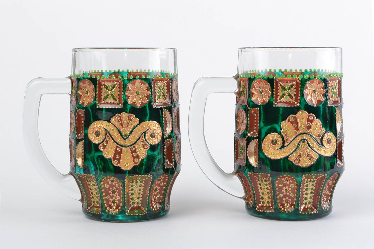 Handmade decorative glass beer mug with acrylic dot painting green and brown  photo 3