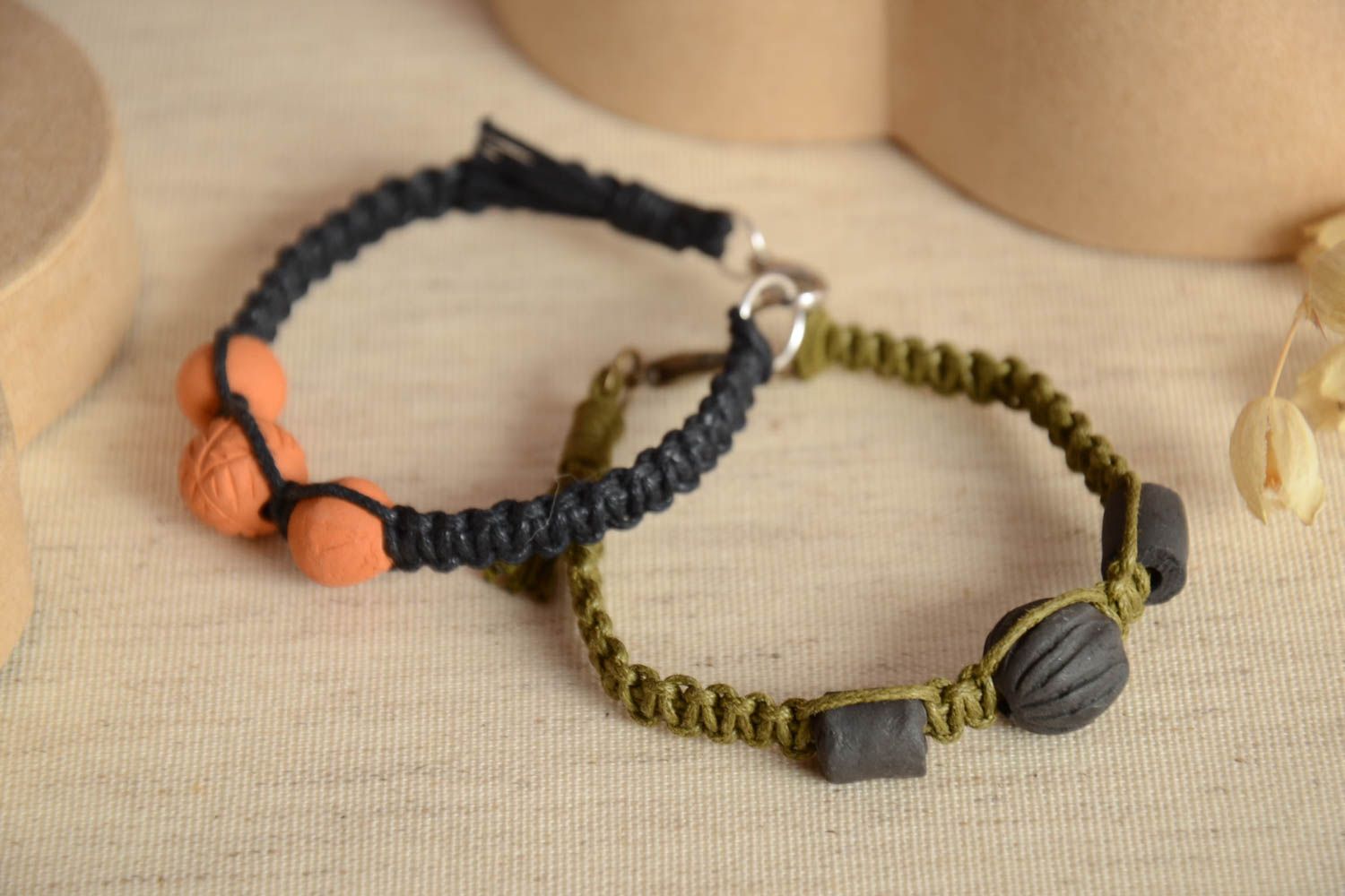 Set of 2 handmade braided cord bracelets with ceramic beads designer jewelry photo 2