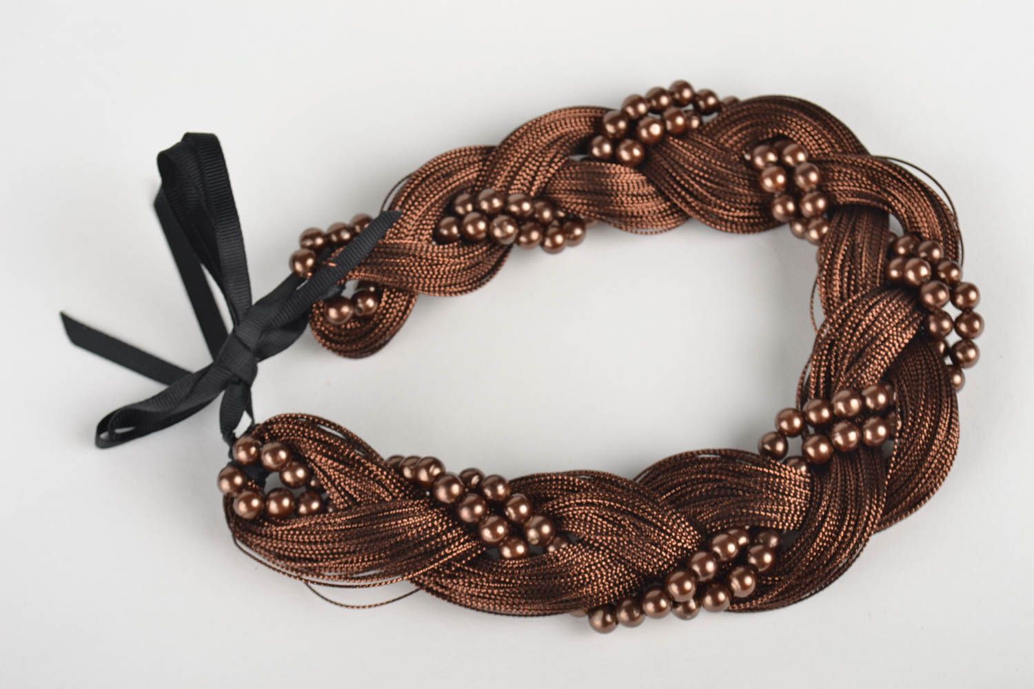 Красивое колье ручной работы украшение на шею колье коса с бусинами коричневое фото 3