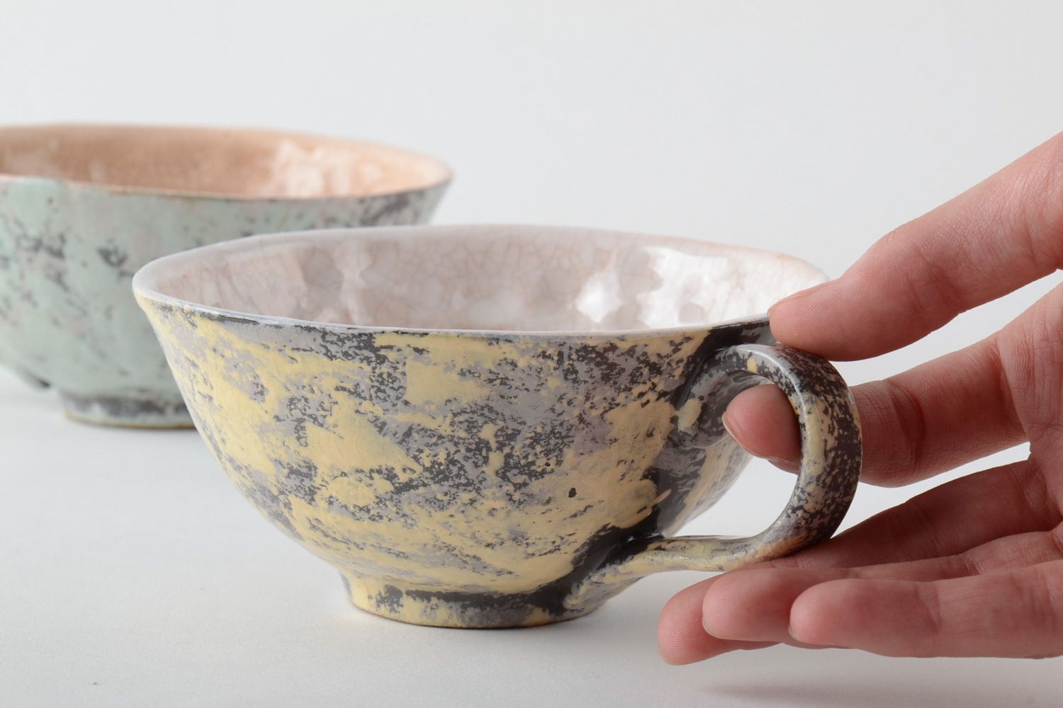 Tasses en argile à poterie faites main originales couvertes de glaçure 2 pièces photo 5