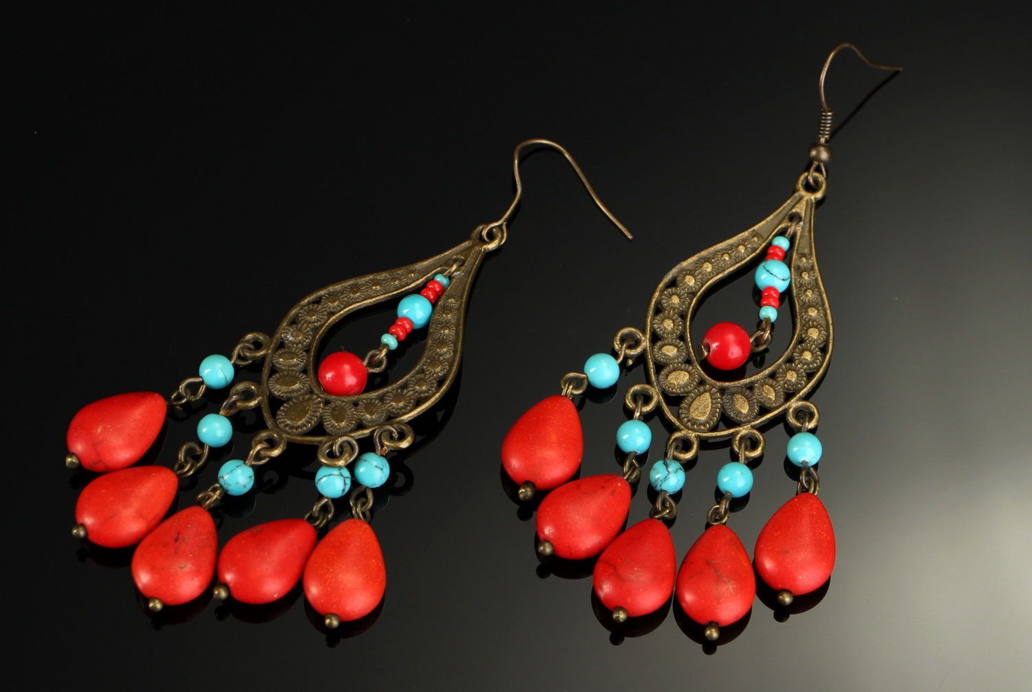 Earrings made from corals and turquoise photo 1