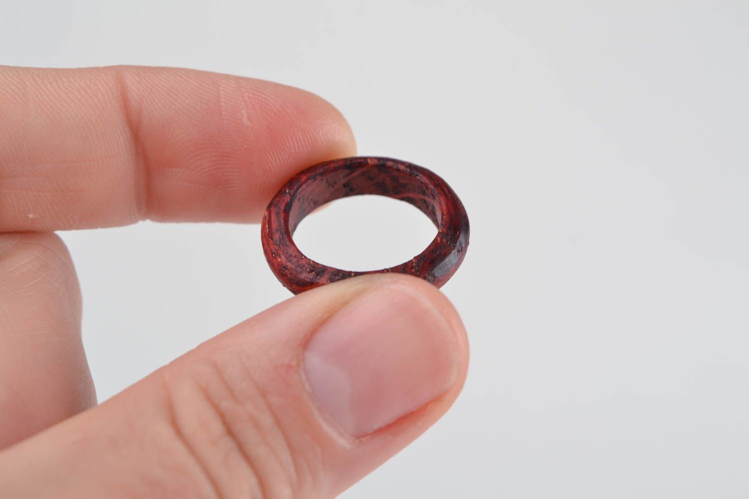 Unusual stylish handmade designer carved wooden ring unisex red photo 2