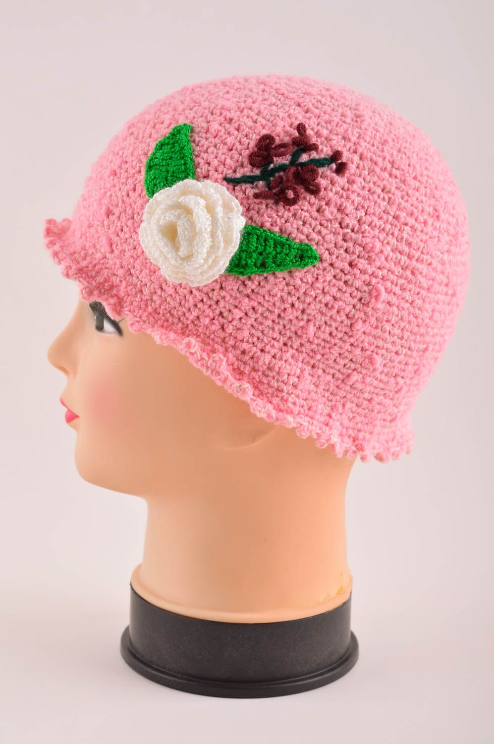 Bonnet enfant fait main Chapeau original Vêtement enfant fille rose tricot photo 3
