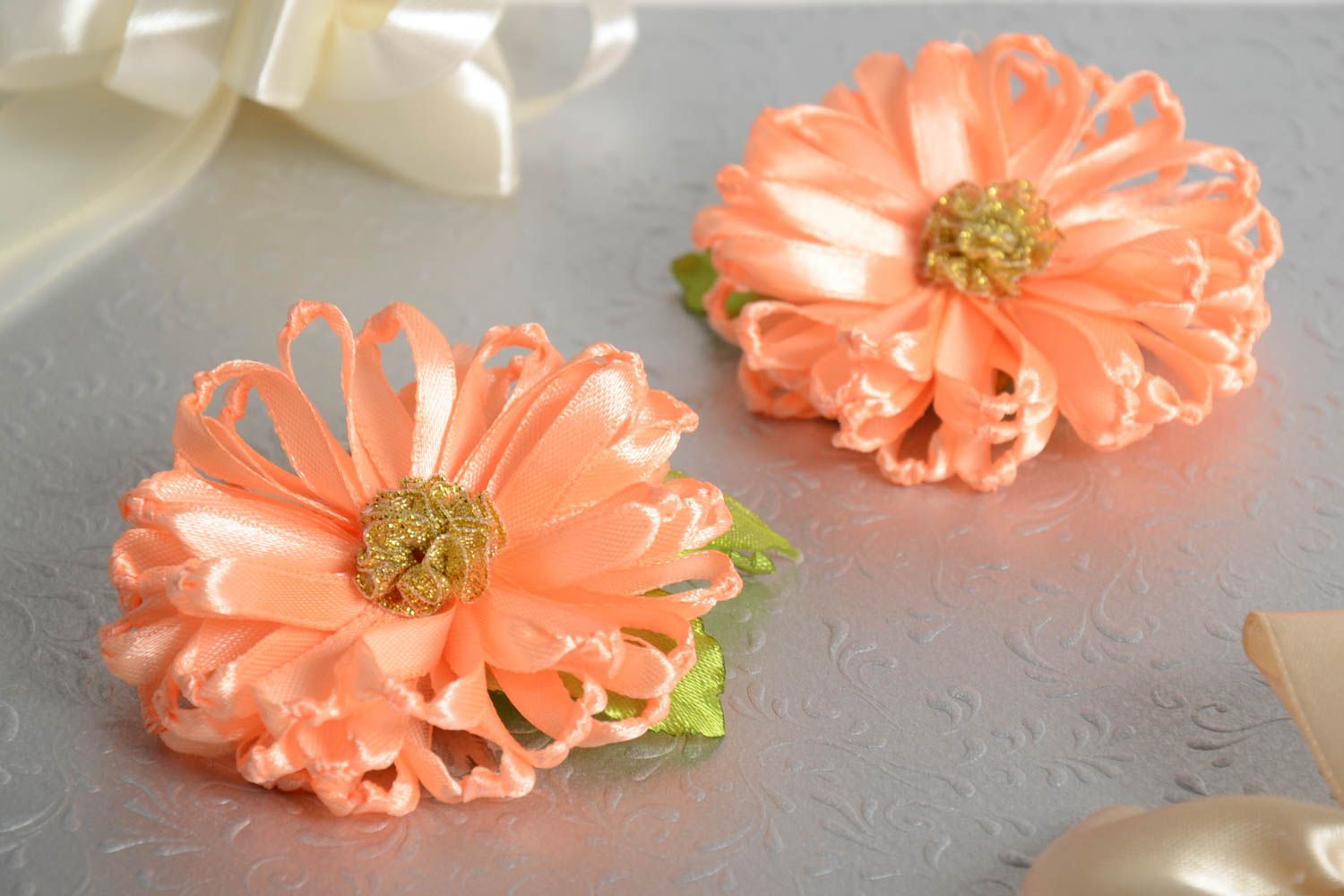 Beautiful handmade ribbon hair clips flower barrettes flowers in hair 2 pieces photo 1