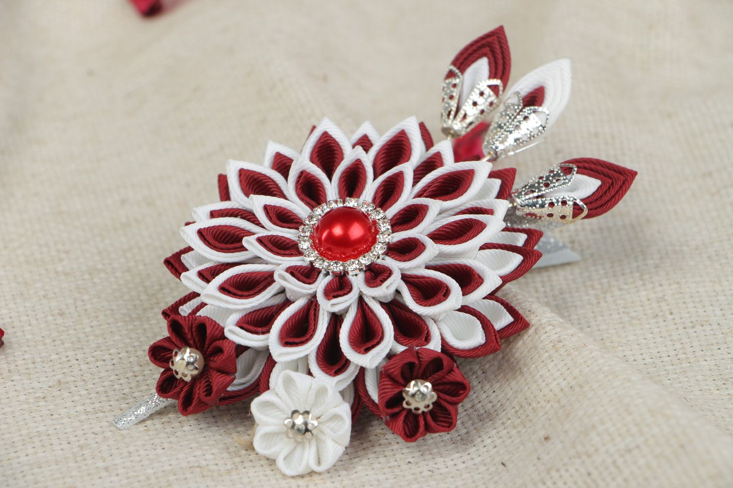Handmade red and white designer hair clip with rep ribbon kanzashi flower  photo 5