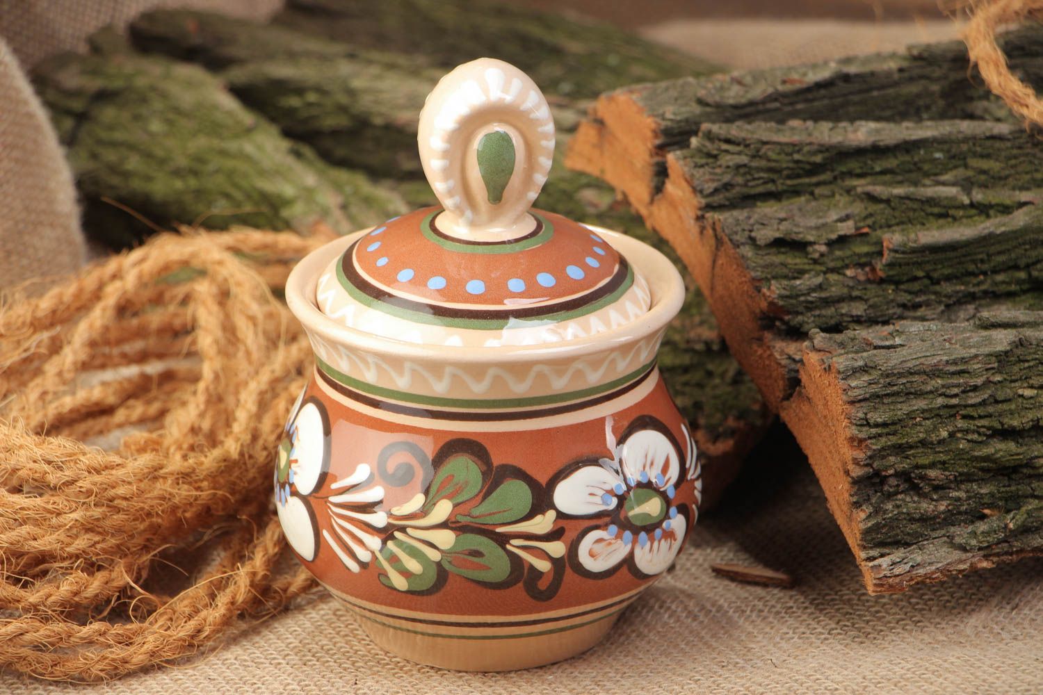 Handmade painted clay sugar bowl pot with lid 300 ml photo 1