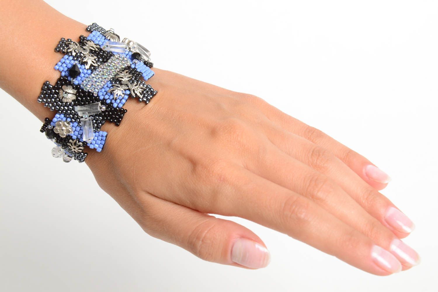 Bijoux fait main Collier femme Bracelet fantaisie perles de rocaille bleu noir photo 3
