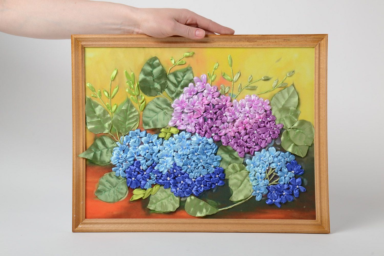 Handmade satin ribbon embroidery with hydrangea flowers in wooden frame photo 5