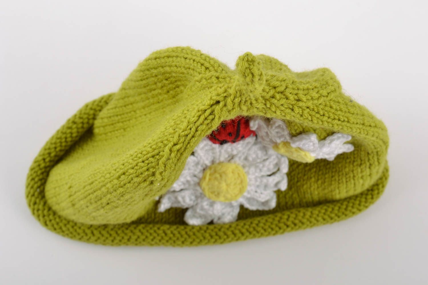 Handmade bright green hat knitted of cotton threads with chamomiles and ladybug photo 5