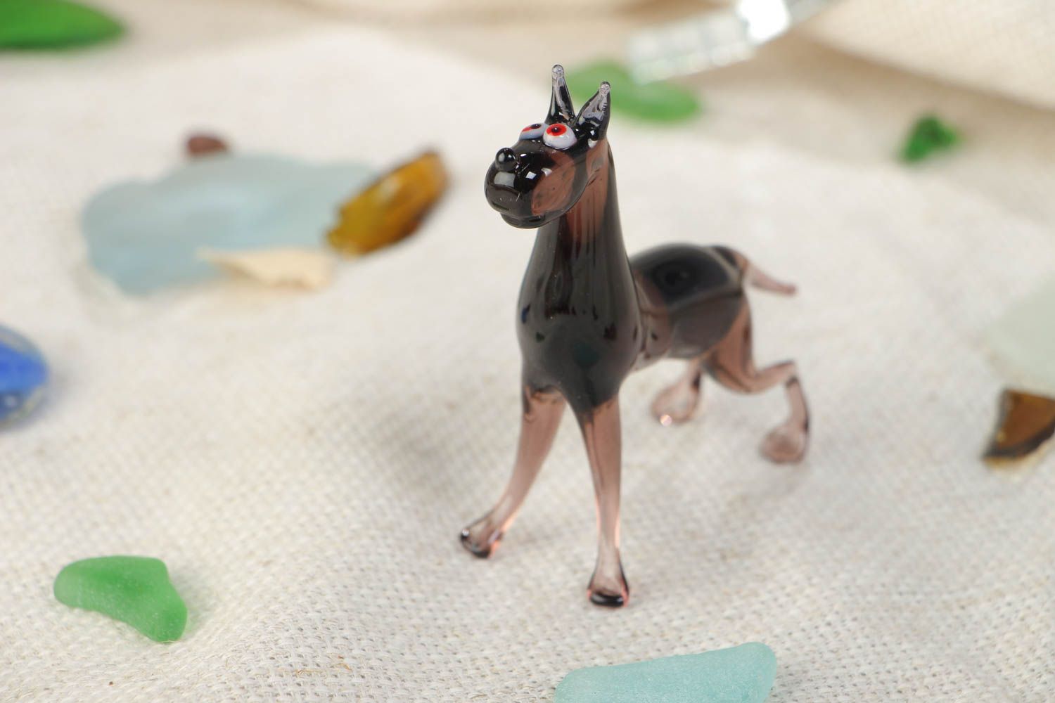 Handmade glass lampwork statuette in the shape of dark brown purebred dog photo 1