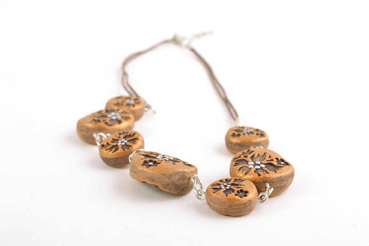 Handmade ceramic bead necklace painted with golden acrylics in ethnic style photo 5