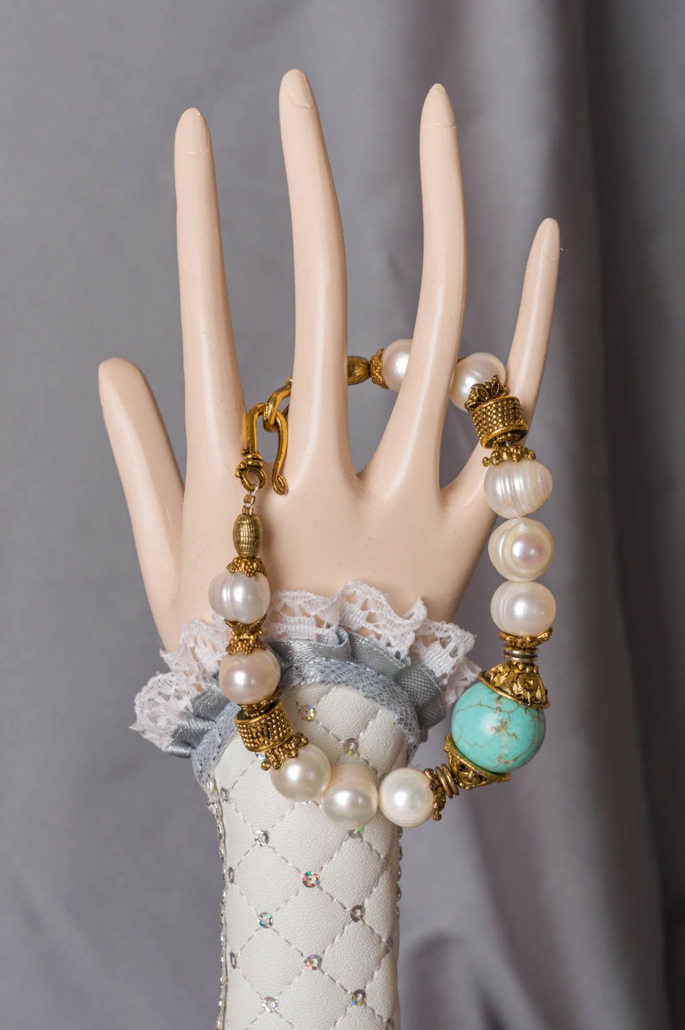Handmade magnificent tender wrist bracelet with pearls and turquoise stone beads photo 1