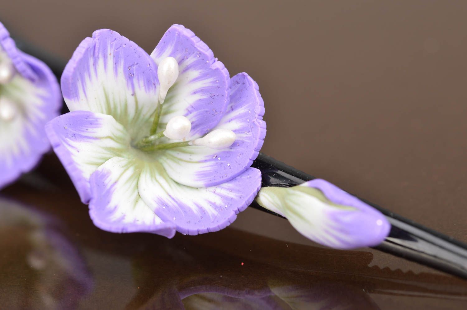 Large stylish unusual lilac hair clip with flowers made of polymer clay  photo 4