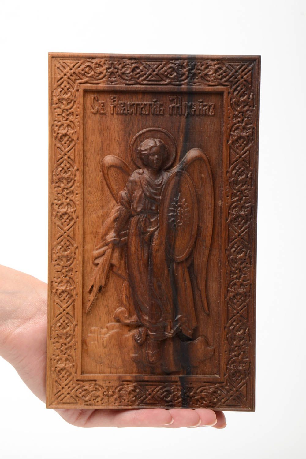 Carved wooden icon with metal fastening Archangel Michael handmade wall panel photo 5