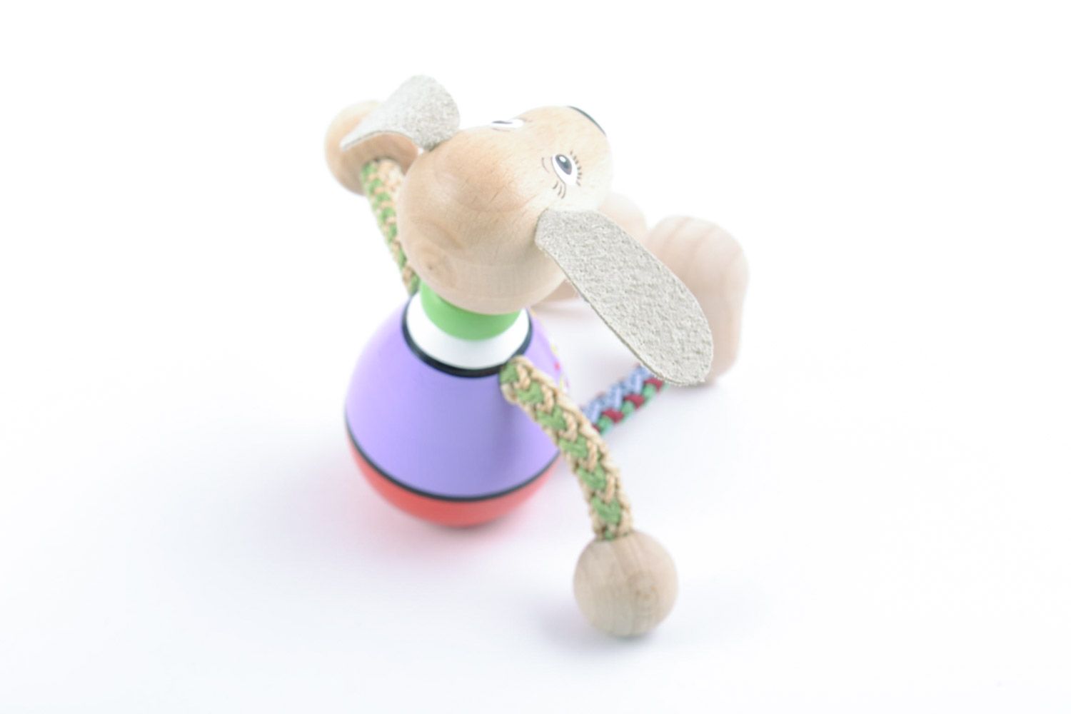 Cute small painted wooden eco toy dog with cord paws handmade for children photo 3