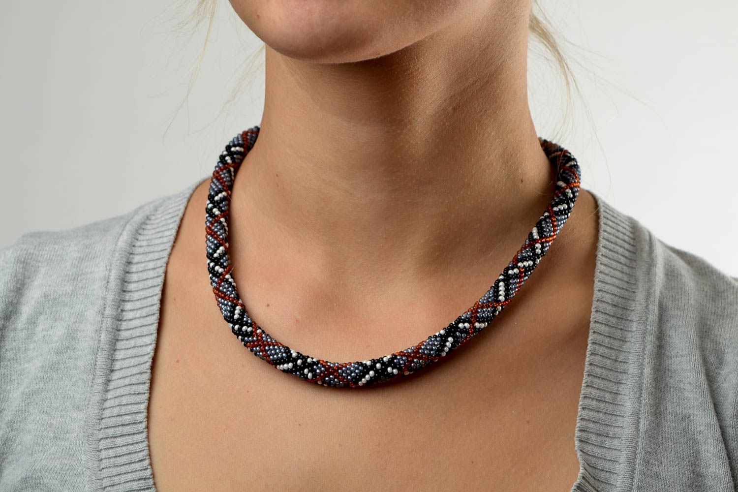 Handmade fashion jewelry beaded cord necklace crocheted gray accessory  photo 1