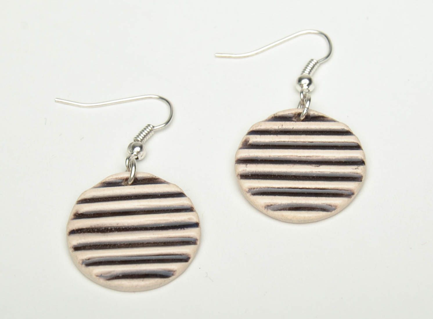 Striped round clay earrings painted with color enamels photo 2