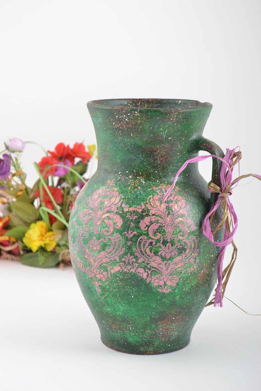 Cruche décorative Pichet décoratif fait main vert céramique Vaisselle décorative photo 1