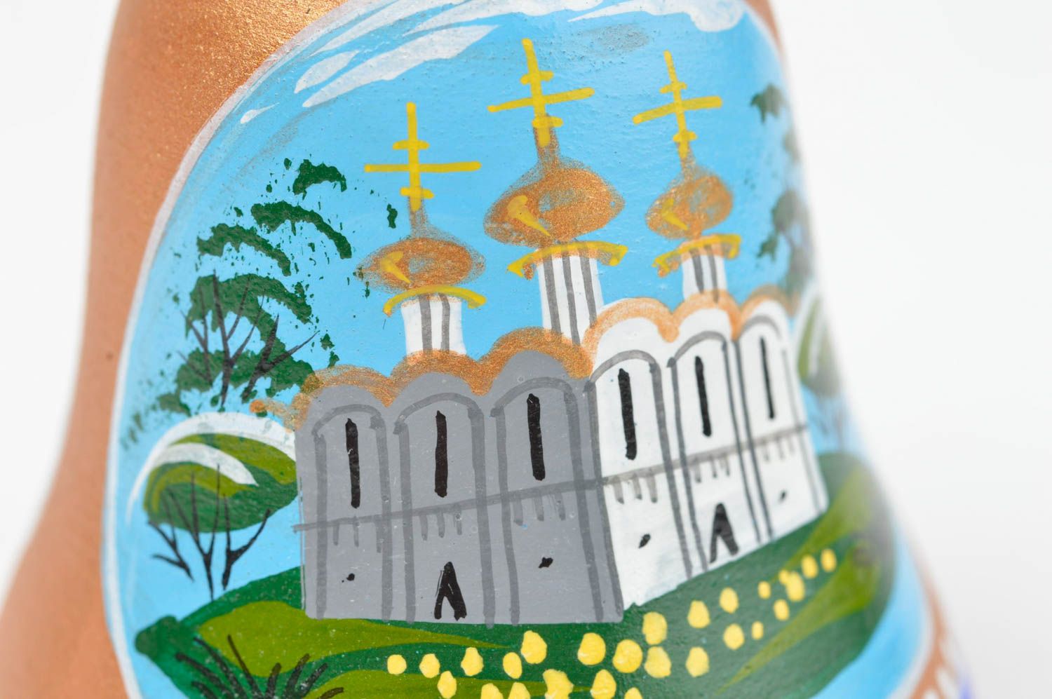 Яркий глиняный колокольчик с рисунком церкви ручной работы авторский красивый фото 5