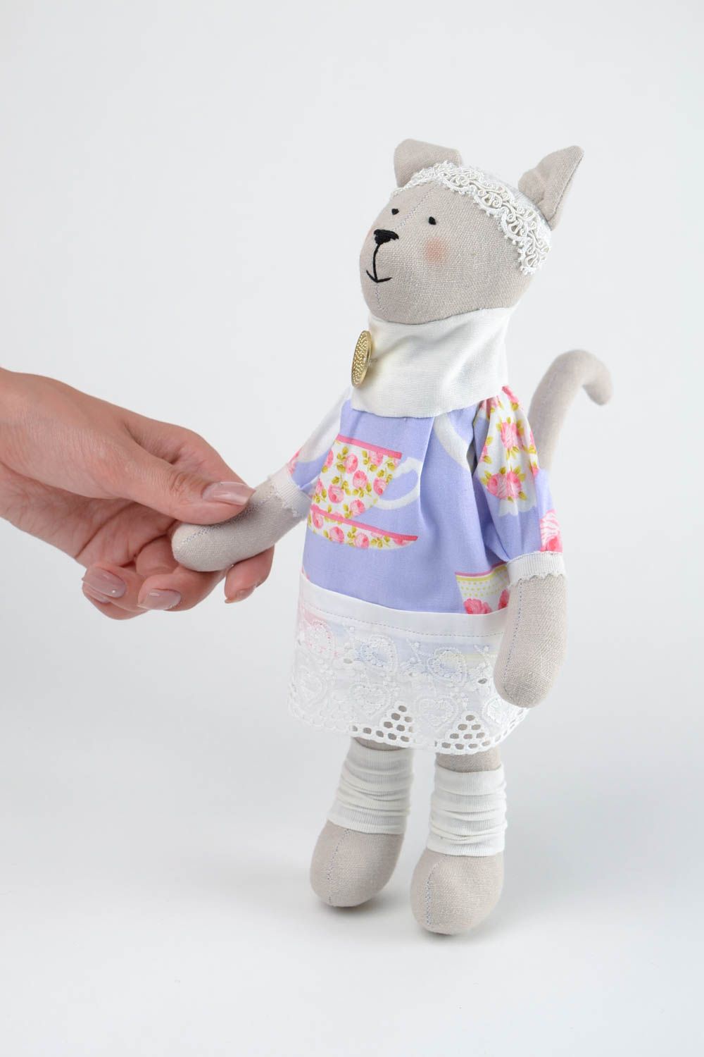 Poupée Chat en tissu coton lin Peluche faite main originale Cadeau pour enfant photo 2