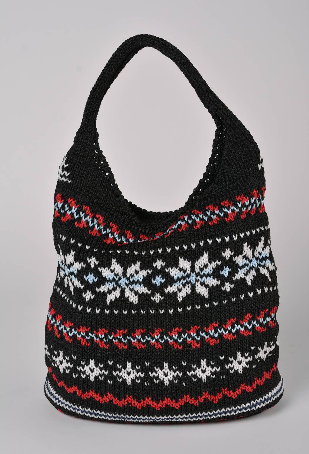 Crocheted female handbag of dark red color with black lining handmade purse photo 1