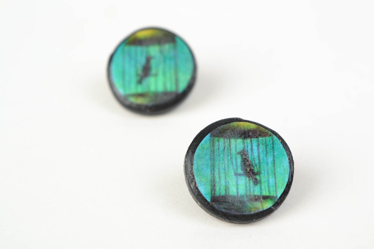 Handmade stylish stud earrings made of polymer clay with decoupage bird in cage photo 5