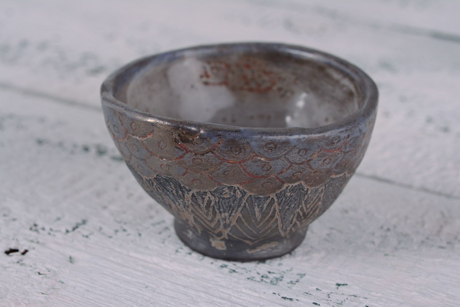 Beautiful patterned handmade deep clay bowl kilned on firewood photo 1