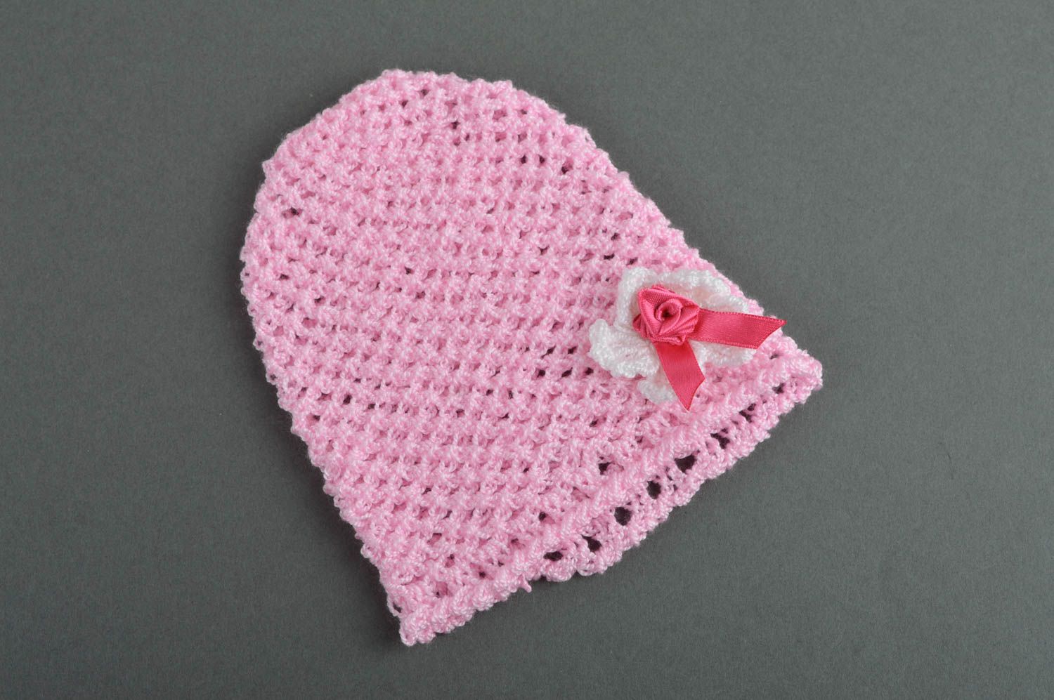 Детская шапочка ручной работы шапка для новорожденных шапка для малыша розовая фото 2