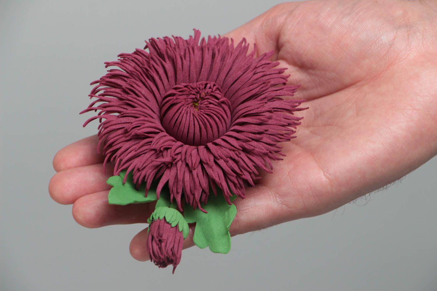 Beautiful handmade designer foamiran flower brooch hair clip Claret Aster photo 5