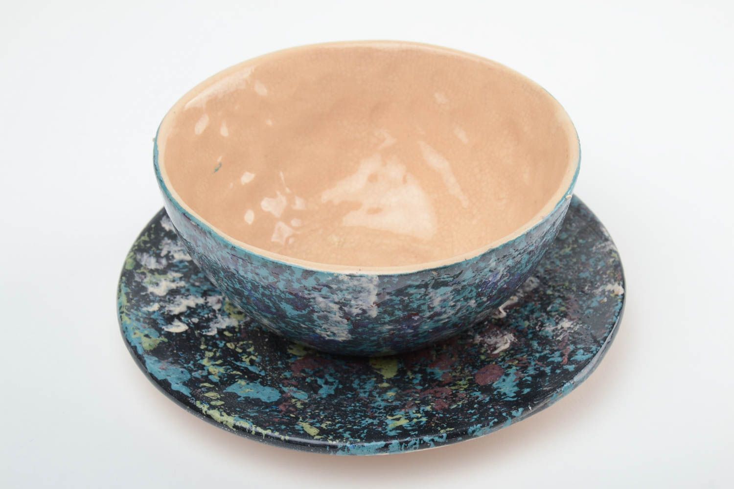 Тарелка с блюдцем для супа комплект темного цвета из глины красивые хэнд мейд фото 2