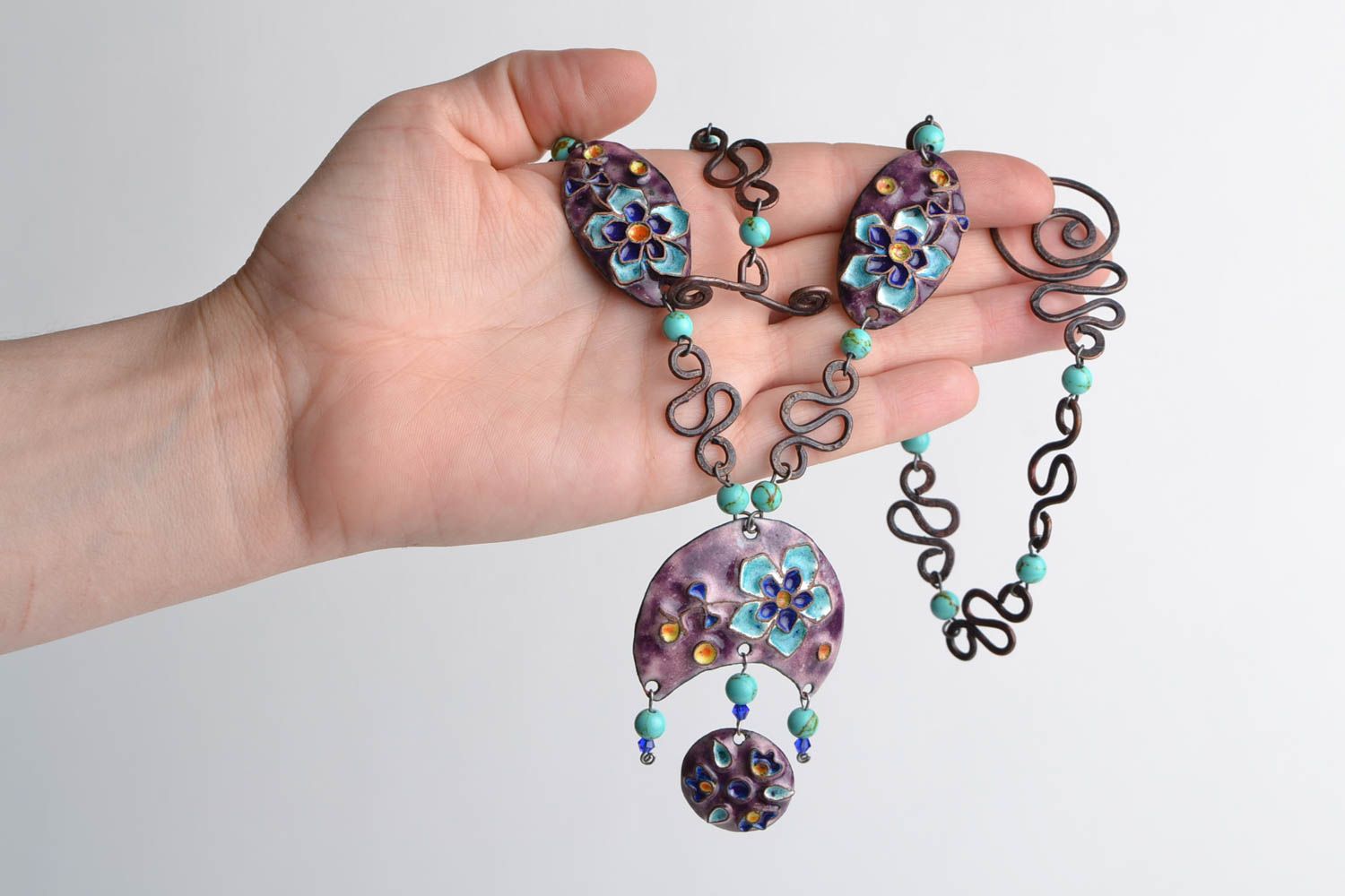Handmade massive copper necklace painted with colorful enamels in violet colors photo 2