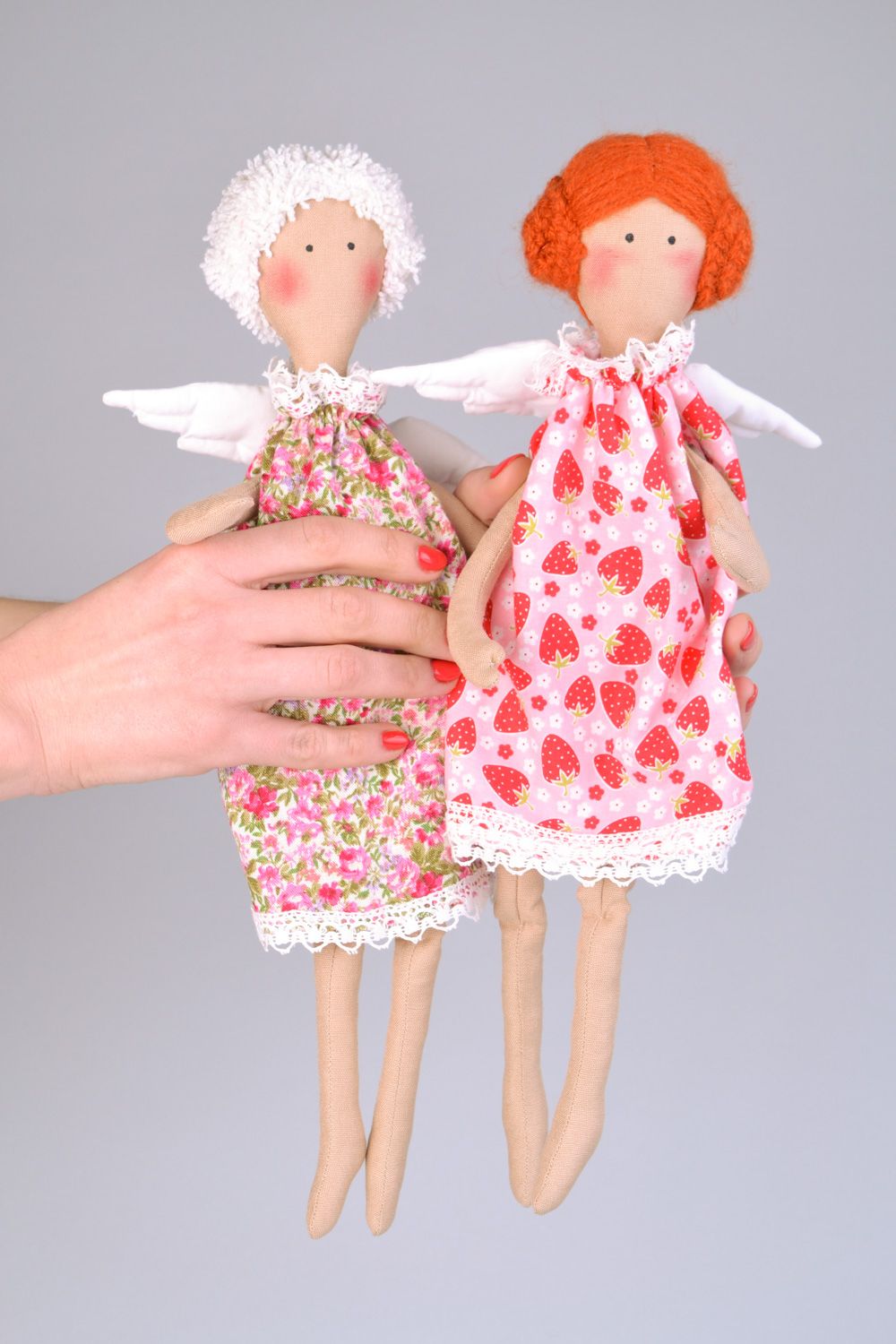 Pair of handmade designer soft dolls sewn of linen and cotton fabrics Angels photo 2