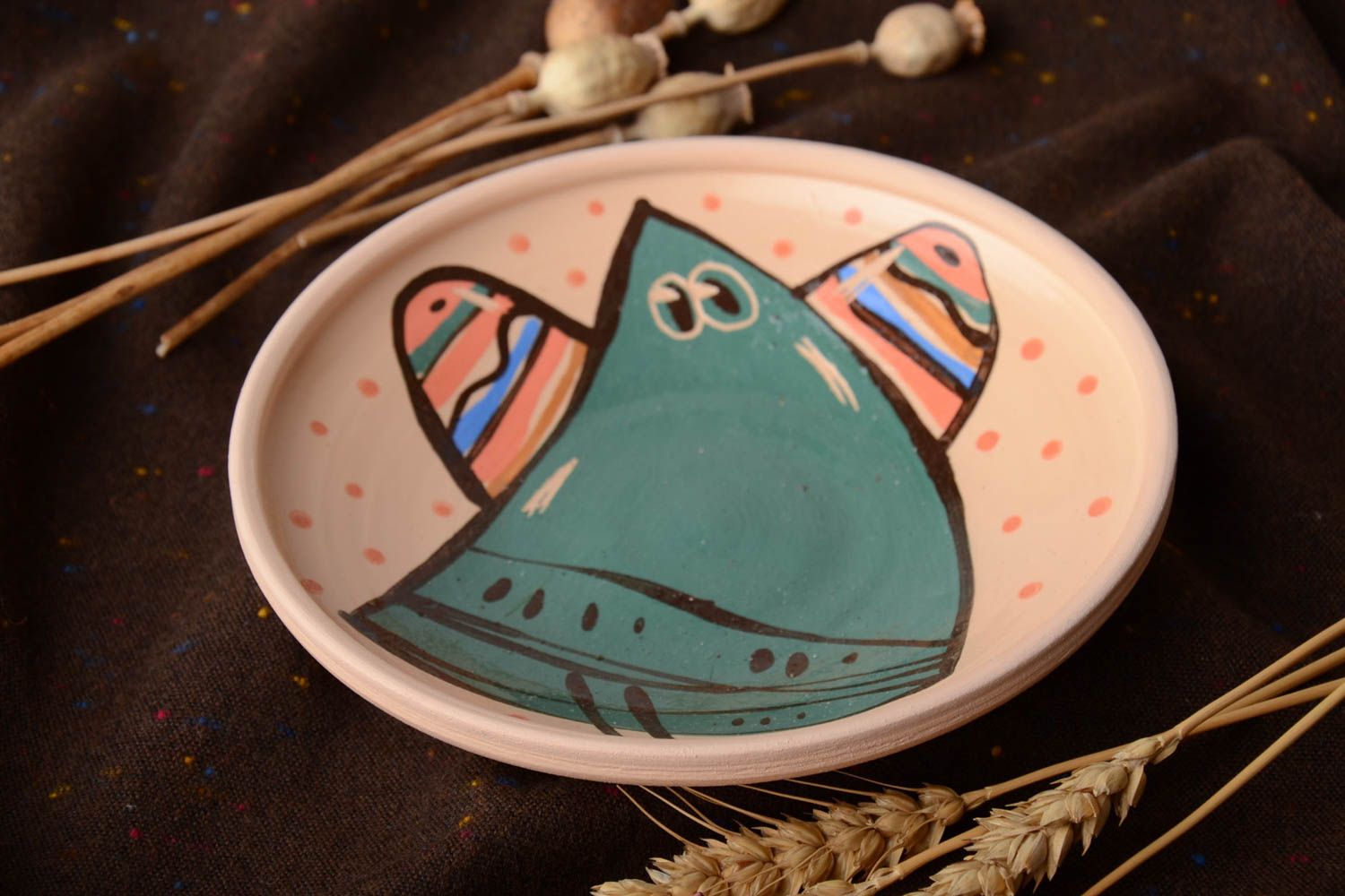 Глиняная тарелка ручной работы с глазурью и эмалью объемом 300 мл персиковая фото 1