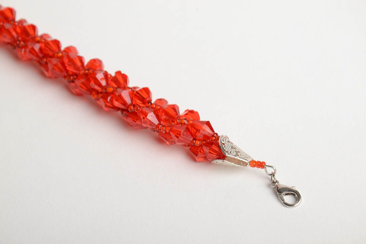 Handmade wrist bracelet crocheted of red Czech seed beads and faceted beads photo 5