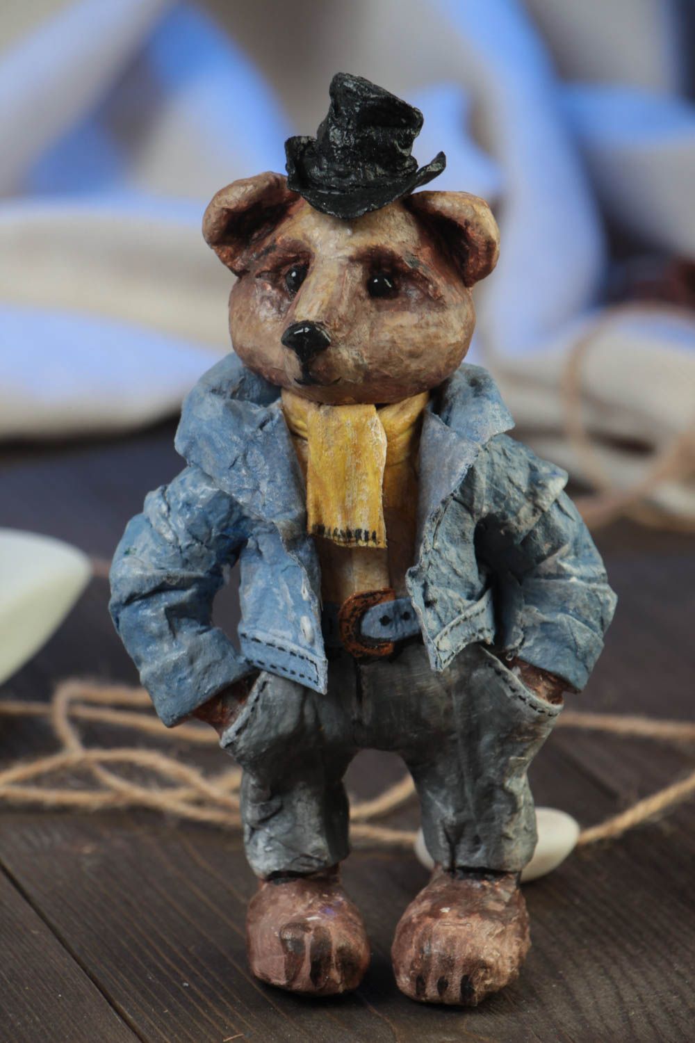 Handmade small painted paper mache statuette of bear Henry for table decor photo 1