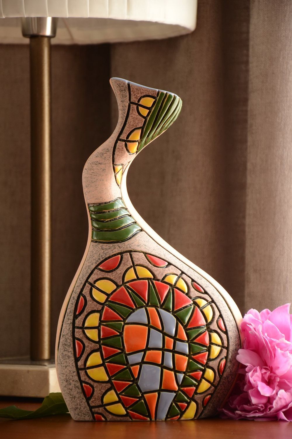 Vase décoratif fait main en mi-porcelaine style ethnique peint pour fleurs photo 1