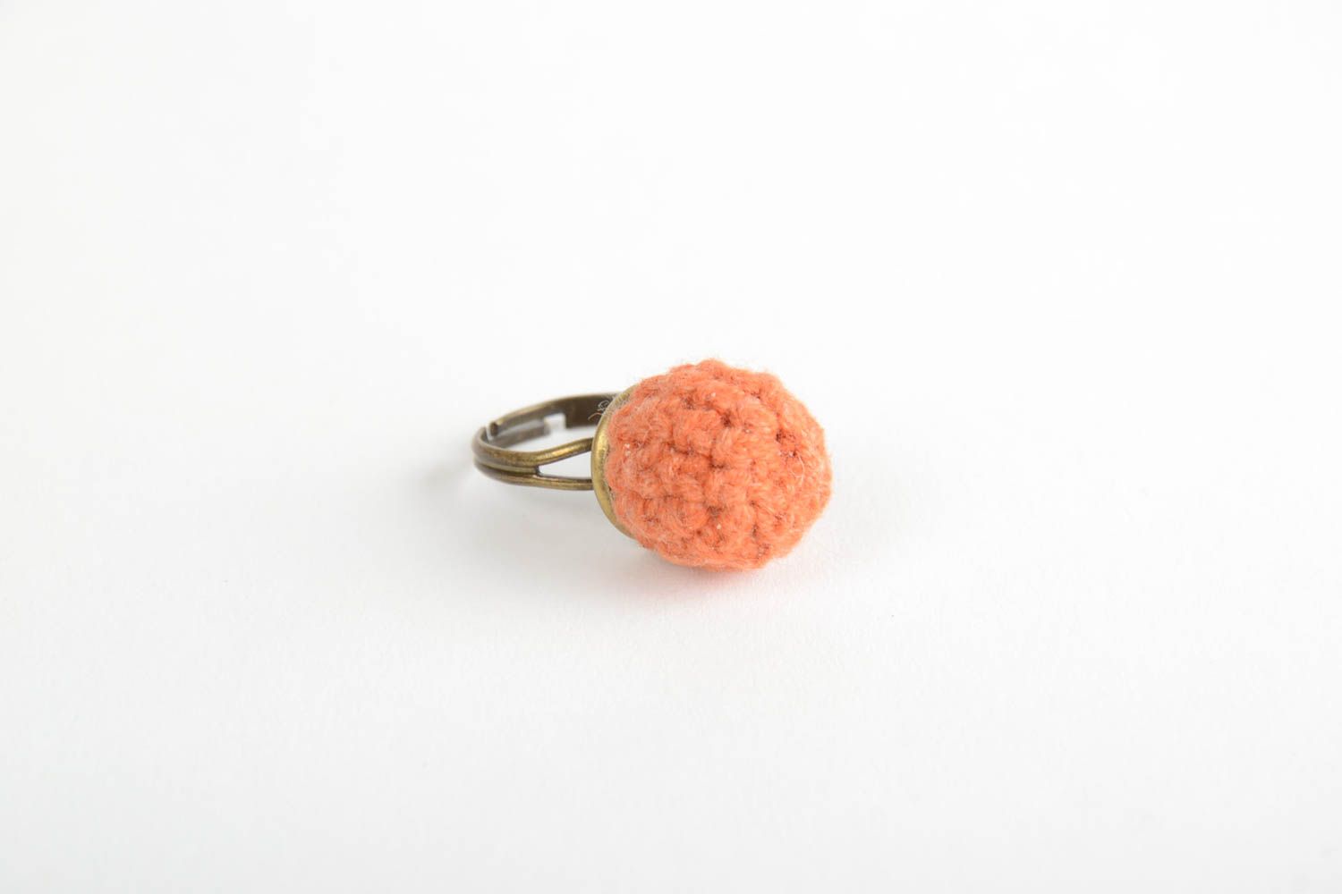 Handmade designer jewelry ring on metal basis with crocheted orange bead photo 5