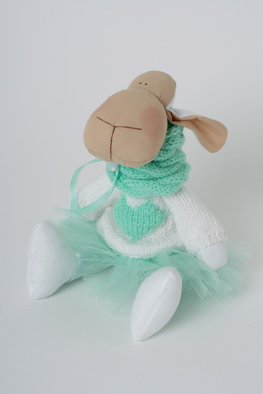 Funny handmade designer soft toy sewn of cotton fabric in the shape of Lamb photo 3
