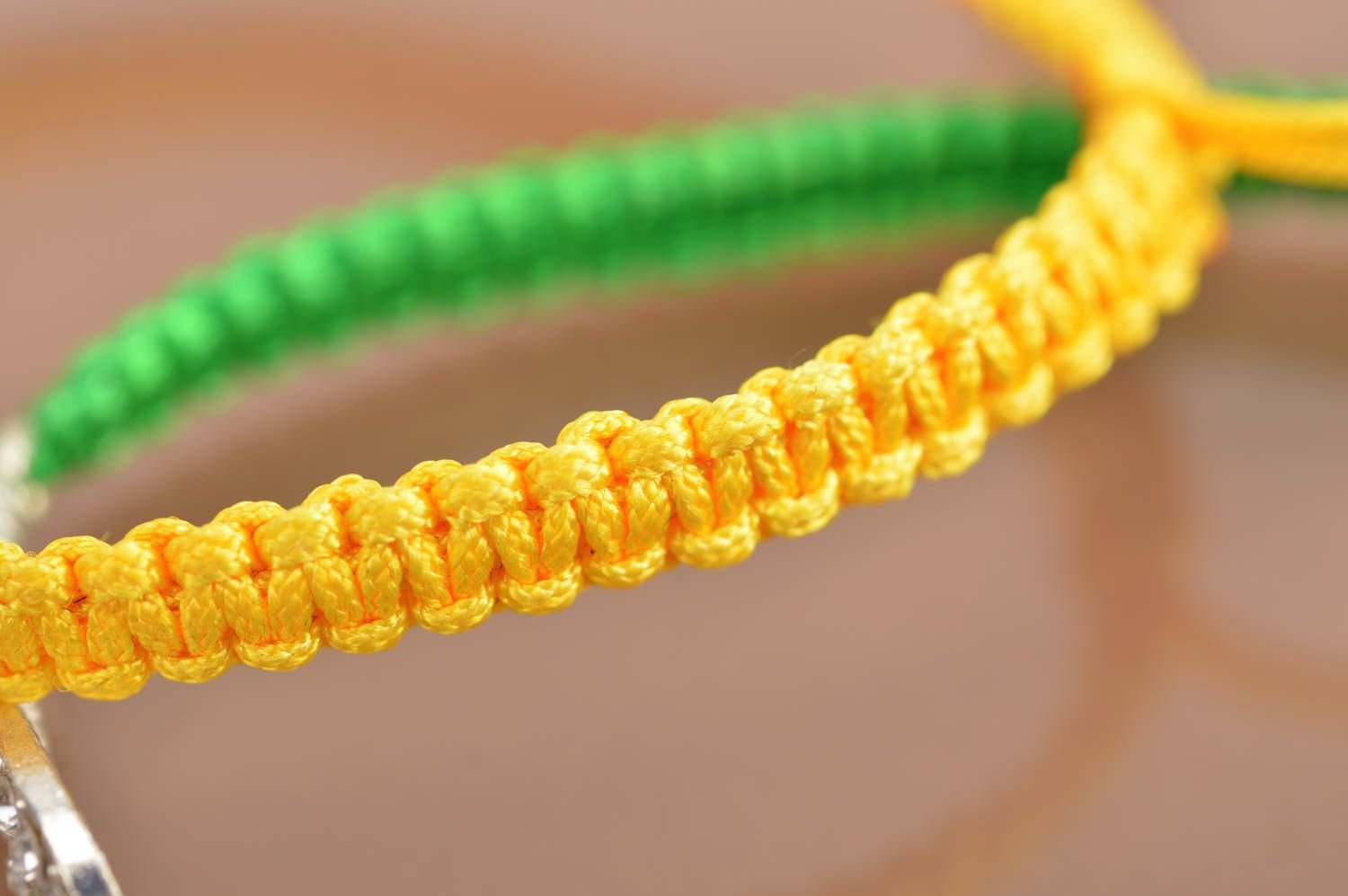 Set of handmade bracelets made of threads yellow and green 2 pieces for girls photo 4