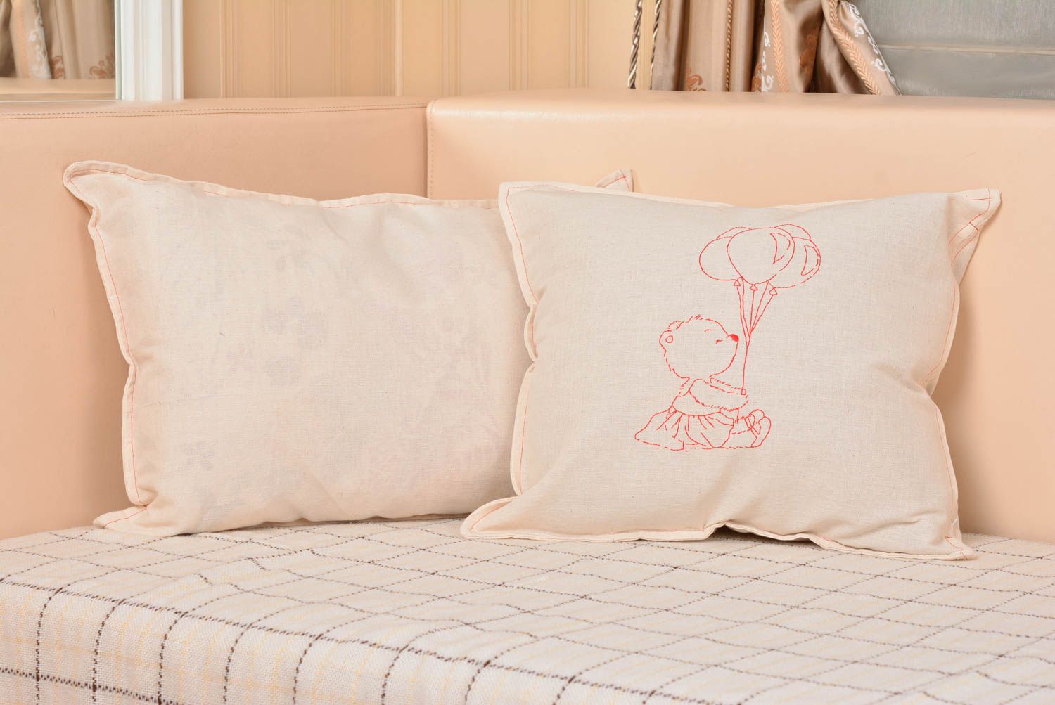 Handmade designer semi linen natural cloth pillow case with cute embroidery  photo 5