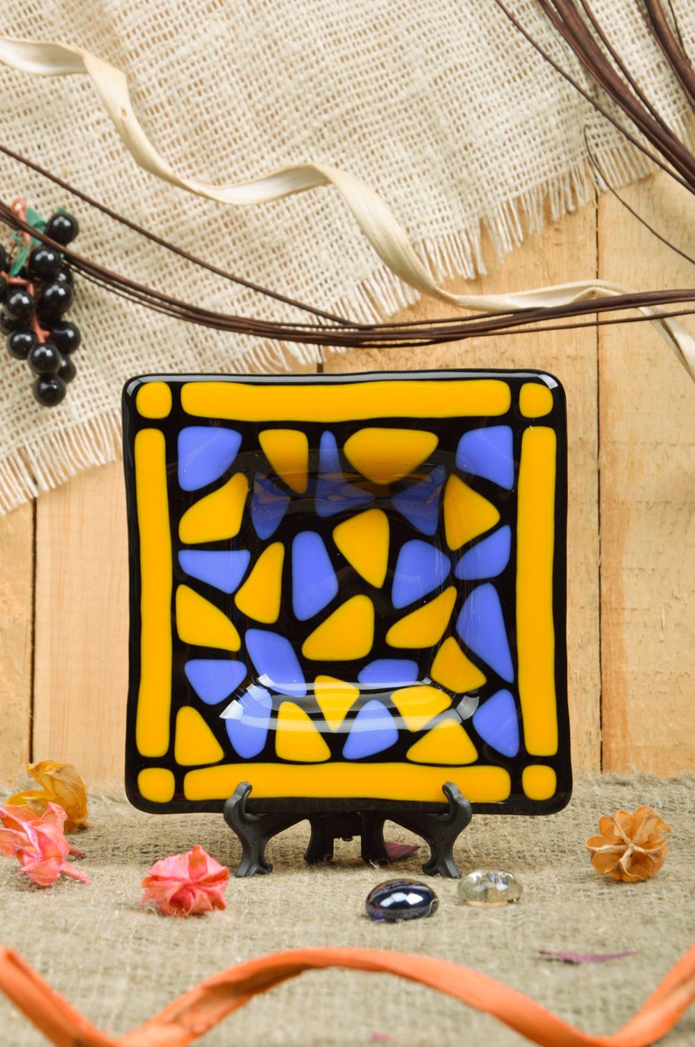 Handmade fused glass decorative square ashtray in yellow and blue colors  photo 1