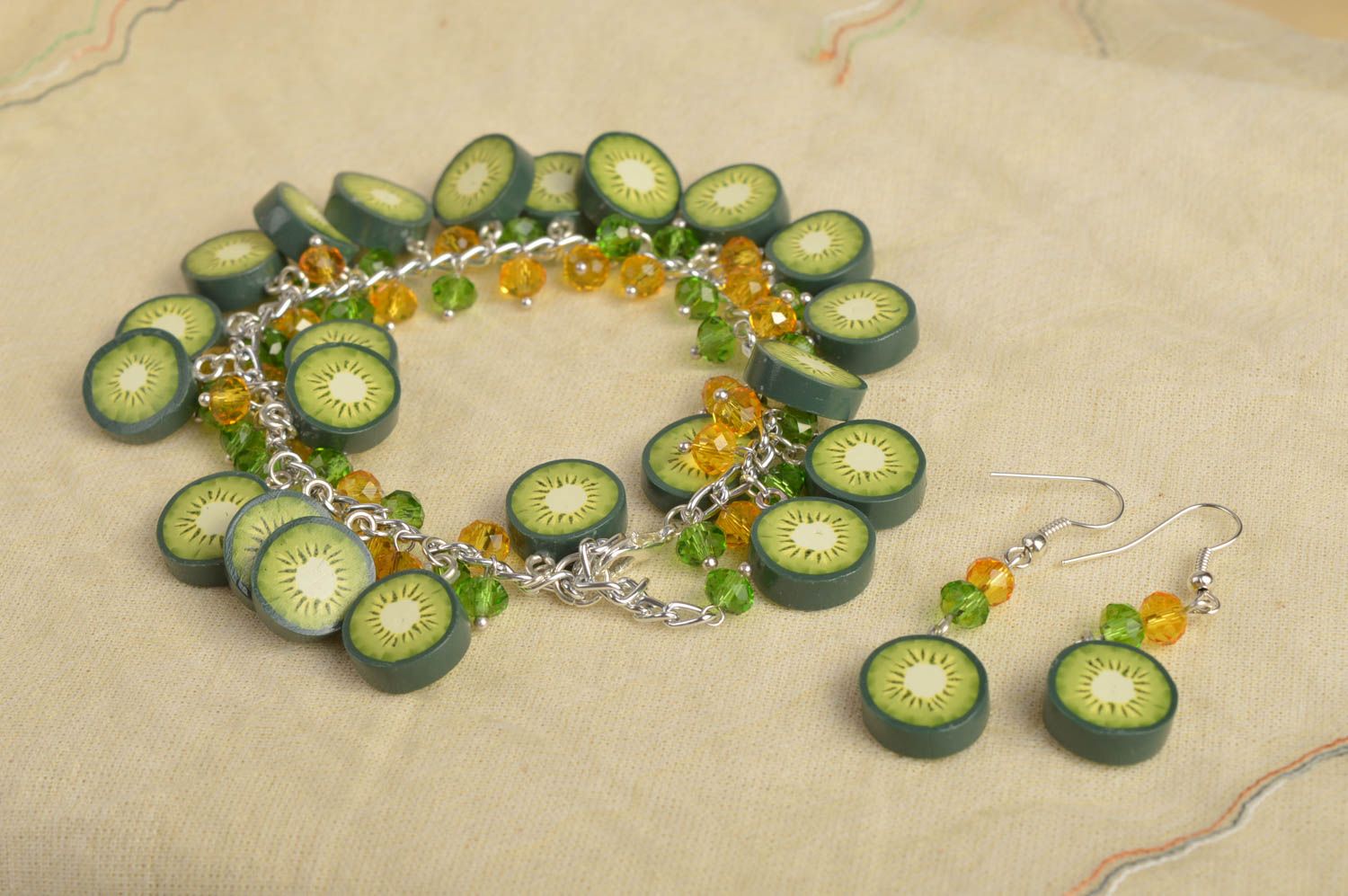 Wrist bracelet fashion earrings polymer clay jewelry green kiwi women jewelry  photo 1