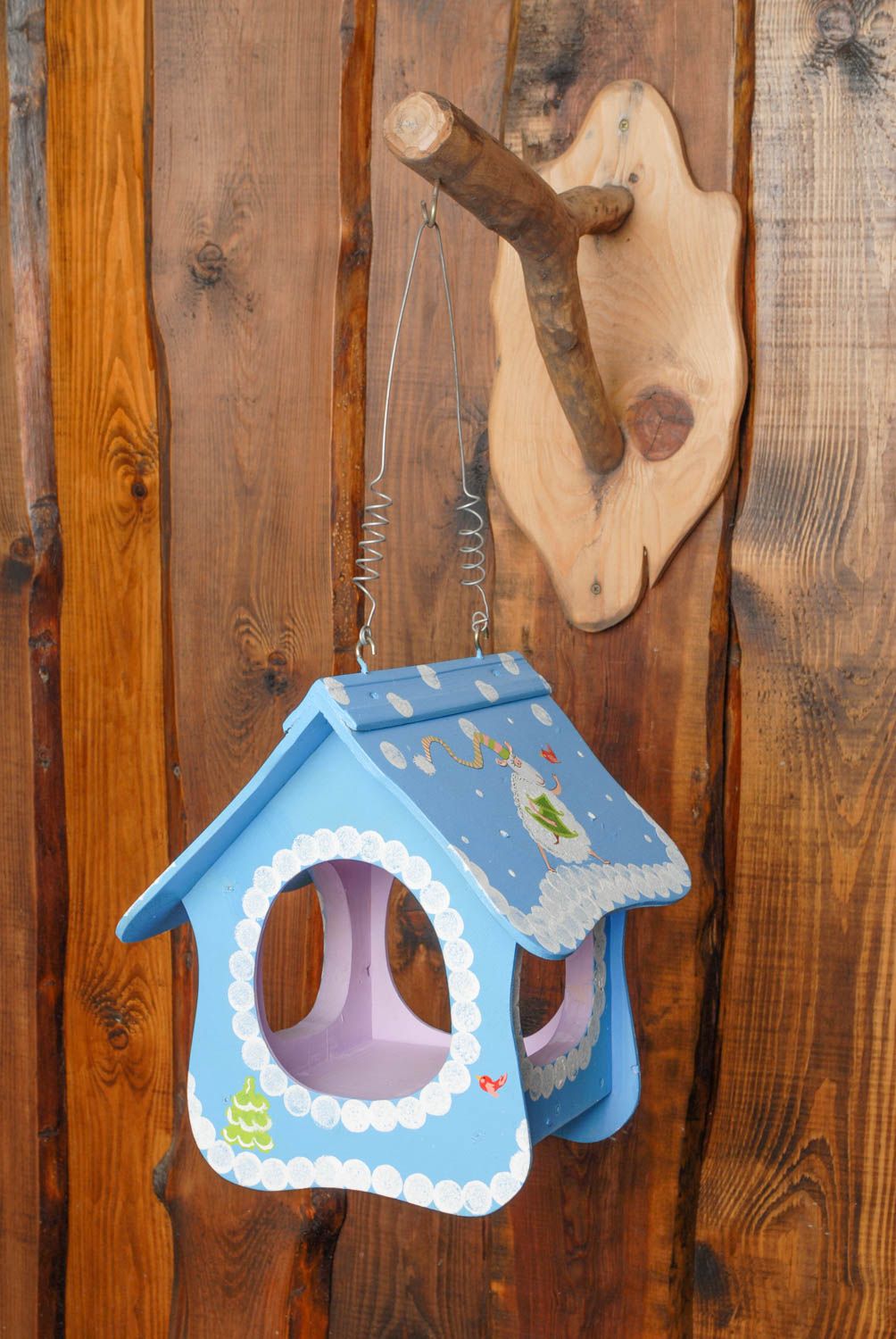 Nichoir en bois fait main de design original en forme de maisonnette bleue photo 3