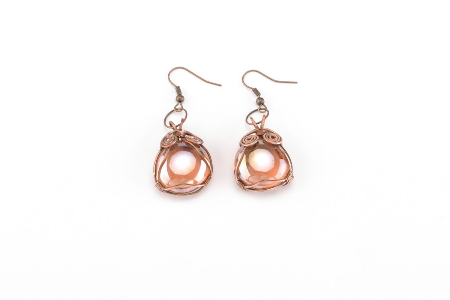 Copper earrings with glass beads photo 2